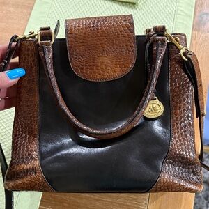 Vintage Brahmin Black and Brown Croc-Trim Leather Crossbody Satchel